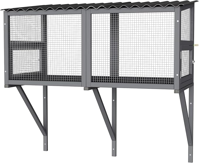 Cat Catio, Cat Window Box for Multiple Indoor Cats, Catio Pet Perch with Metal Mesh Locking Side Door, Wooden Enclosure Window All Weather Use 360° Enjoying Outdoors (Gray, Large)