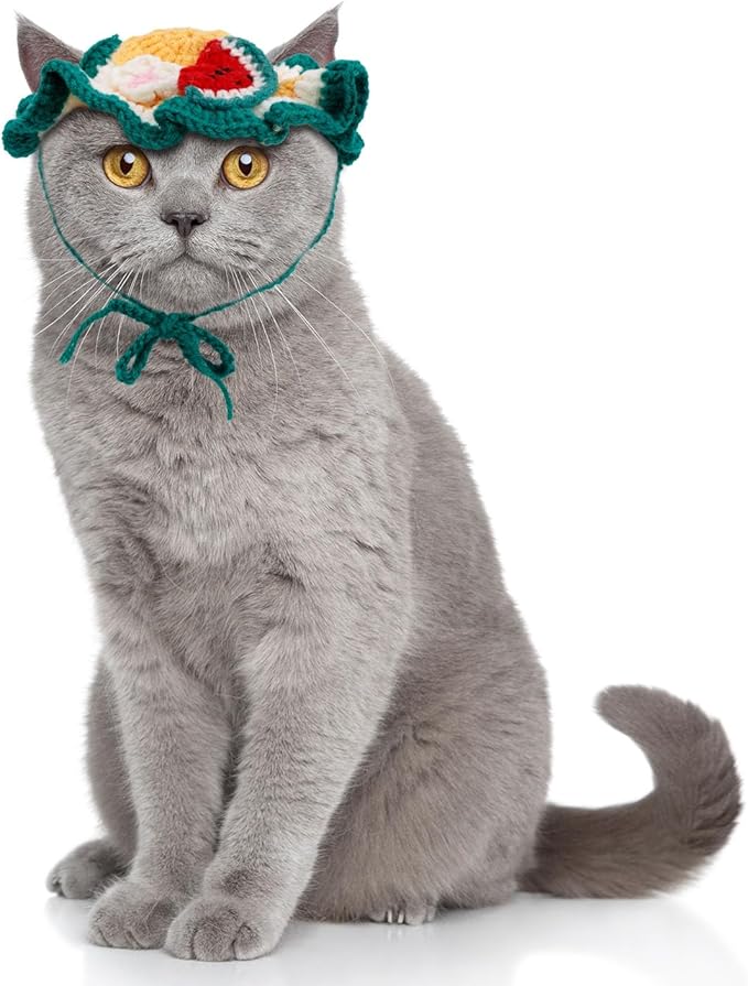 Knitted Cat Hat, Cute Small Flower Watermelon Crochet Cat Hat for Dog Puppy Pet Halloween Xmas Knit Cap Decoration(Green)