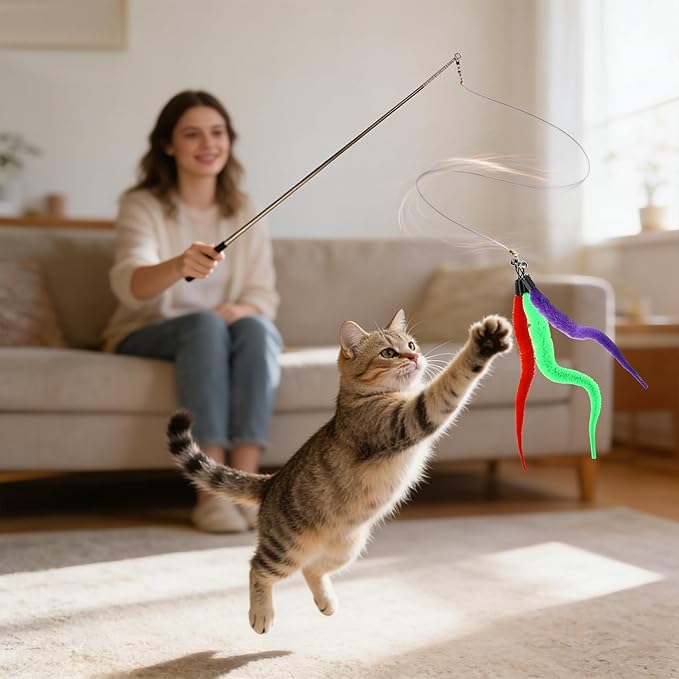 10PCS Cat Worm Toys, Colorful Interactive Cats Wand Attachment, Soft Worm Cat Toy for Teaser Play, Chase Exercise & Kitten Training