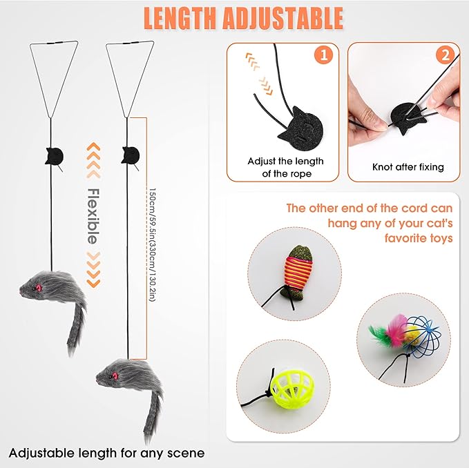 FYNIGO 2 Pcs Interactive Cat Toys for Indoor Cats & Kittens, Hanging Door Mouse Toy Set for Self Play, Bungee String Plush Mice with Clips, Hooks & Suction Cups