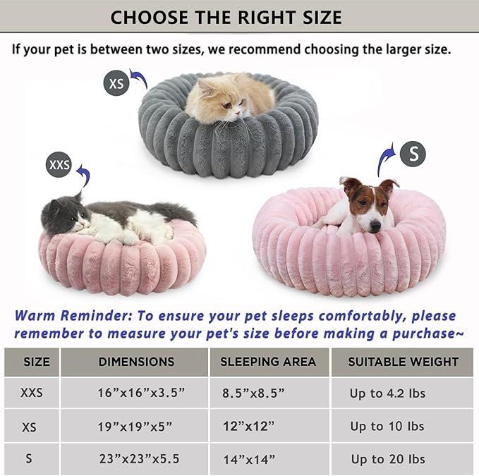 Donut Small Dog Bed Washable Cute Puppy Beds with Corduroy Fleece & Anti Slip Bottom, Round Faux Fur Pet Snuggle Beds for Large Cat, Pink, Small Breed 23x23x5.5 inches