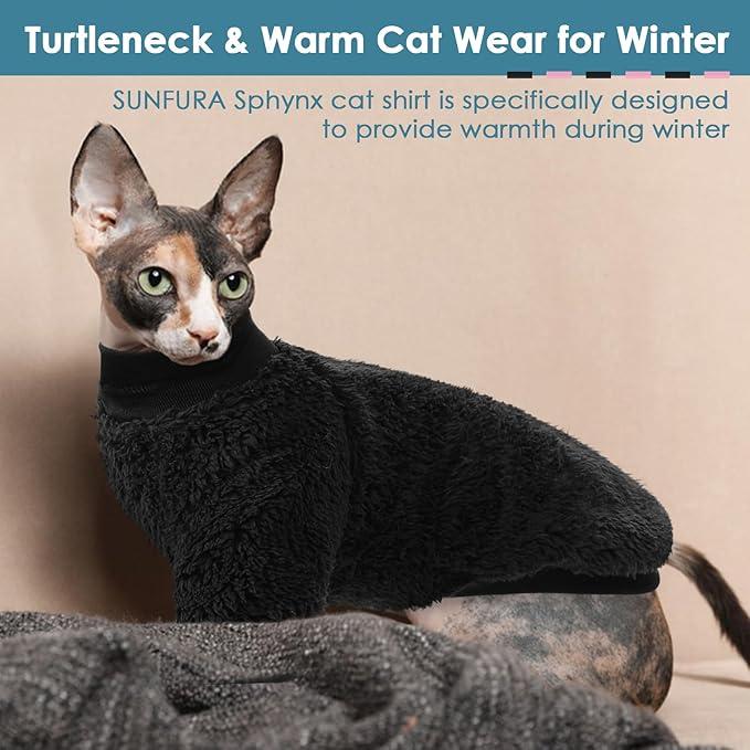 Sphynx Cat Sweater, Hairless Cats Turtleneck Pullover Kitten Sweaters for Cats Only, Warm and Soft Cat Pajamas Shirt with Sleeves Pet Winter Clothes Fleece Jumpsuit for Puppy, Black M