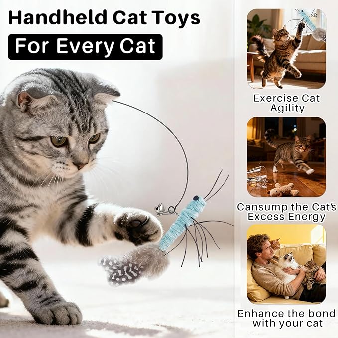 Walfront Interactive Cat Toy, Blue Dragonfly Feather Replacement Wand for Indoor Cats & Kittens — Stimulates Hunting Instinct, Relieves Boredom & Anxiety, Happy & Engaging Play for Busy Cat Parents