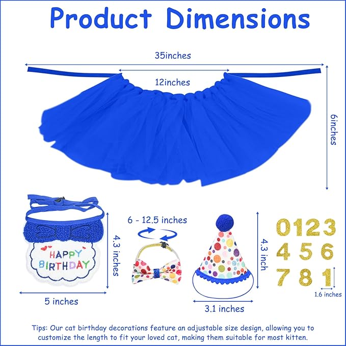 5Pcs Cat Birthday Decorations, Adjustable Cat Birthday Hat Bandana Tutu Skirt Collar Bow & 9 Number Stickers 0-8, Kitten Costume Outfit Decorations for Anniversary of Birth, Small Dog Friendly (Blue)