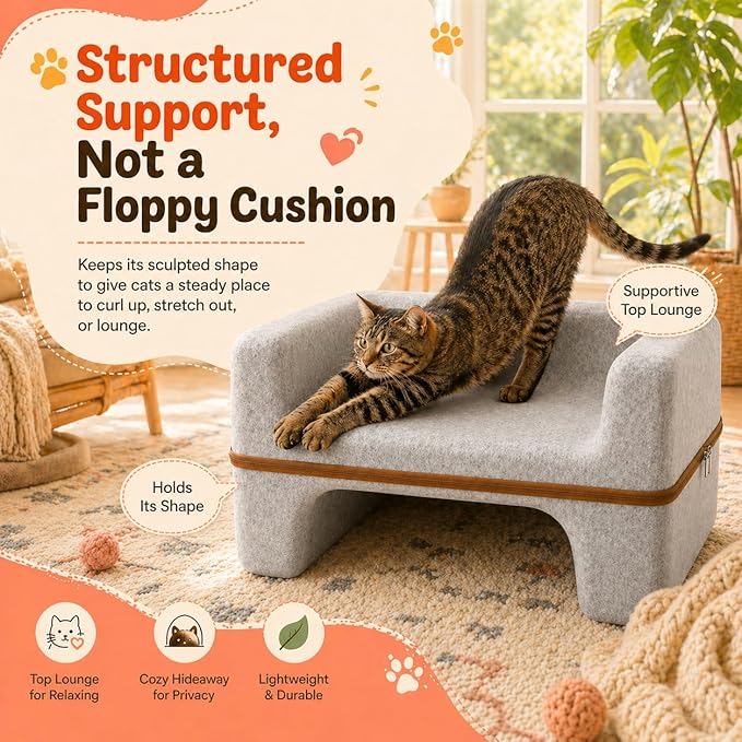 Cat Bed for Indoor Cats, 2-Tier Cat Cave Bed with Top Lounge & Lower Hideaway, Washable PET Felt Cat Sofa for Living Room, Bedroom, Apartment, Scratch-Friendly Cat Furniture, Light Gray