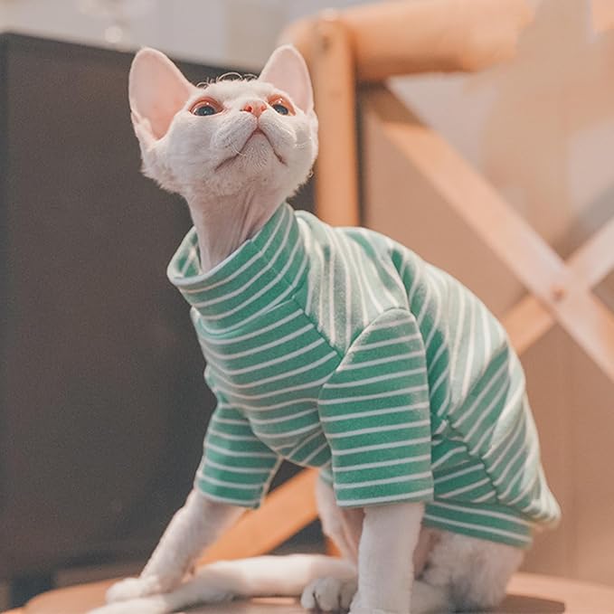 Sphynx Cats Warm Fleece Shirt Cat Turtleneck Undershirt Thermal Hairless Cat Clothes for Sphynx, Devon, Cornish Cat Clothes and Small Kitten and Dogs (Green Bold Stripe, Small)