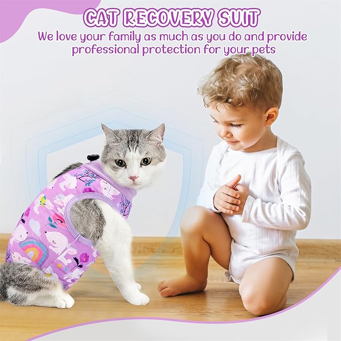 SlowTon Cat Recovery Suit - Cat Onesie for Cats After Surgery Female Male, Kitten Clothes Cats Surgical Spay Suit Abdominal Wounds, E-Collar Alternative Bodysuit Shirt Anti-Licking (Purple, L)