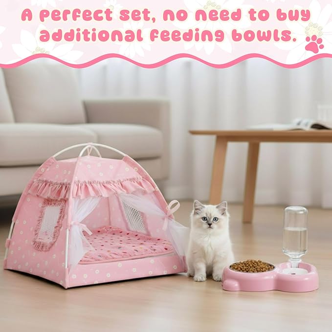 BreezeHug 3-in-1 Pet Princess Tent Bed Set for Cats & Small Dogs, Cute Soft Pink Cat Bed with Food Bowl, Water Dispenser & Washable Cushion, Complete Starter Kit for Indoor Pets