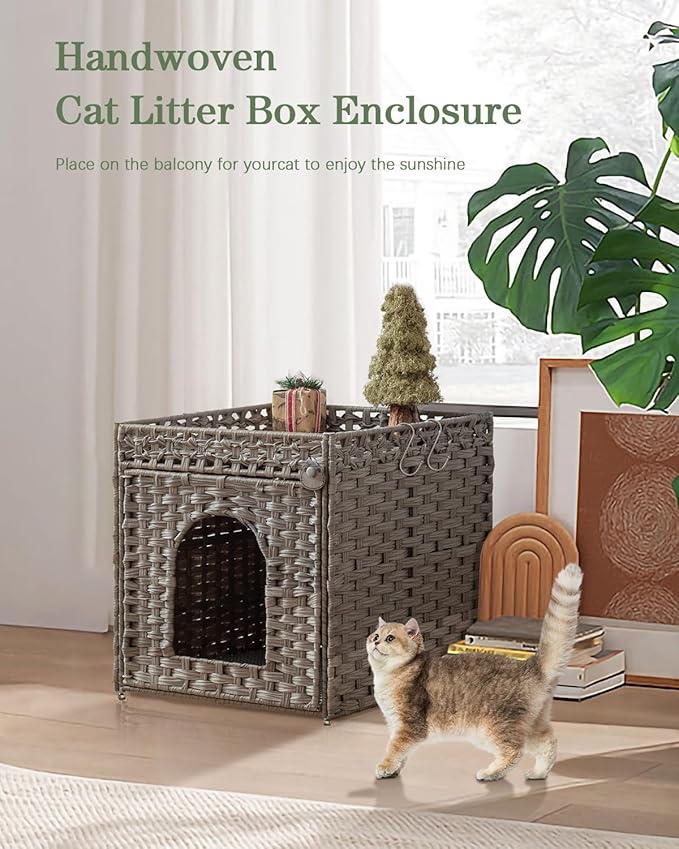 SETVSON Cat Litter Enclosure with Hidden Litter Mat and Rattan Cat House, Supports Two Litter Boxes, Ideal for Living Room or Bedroom (Gray)