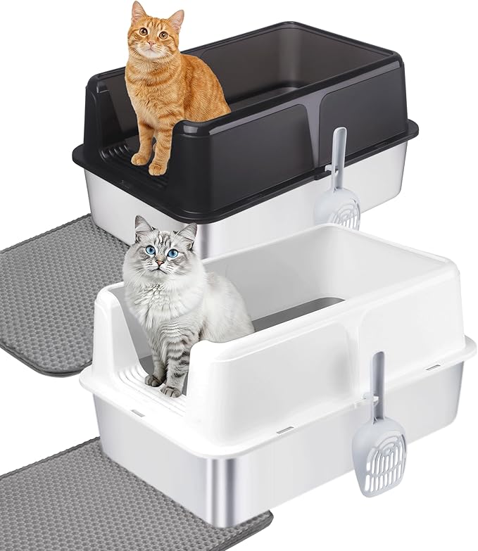 2 Pack Stainless Steel Cat Litter Box with Lid - XL Extra Large Enclosed Metal Litter Pan for Big Cats, High Sided Non-Stick Odor Resistant Anti-Urine Leakage, Easy Clean with Scoop & Mat, Black/White