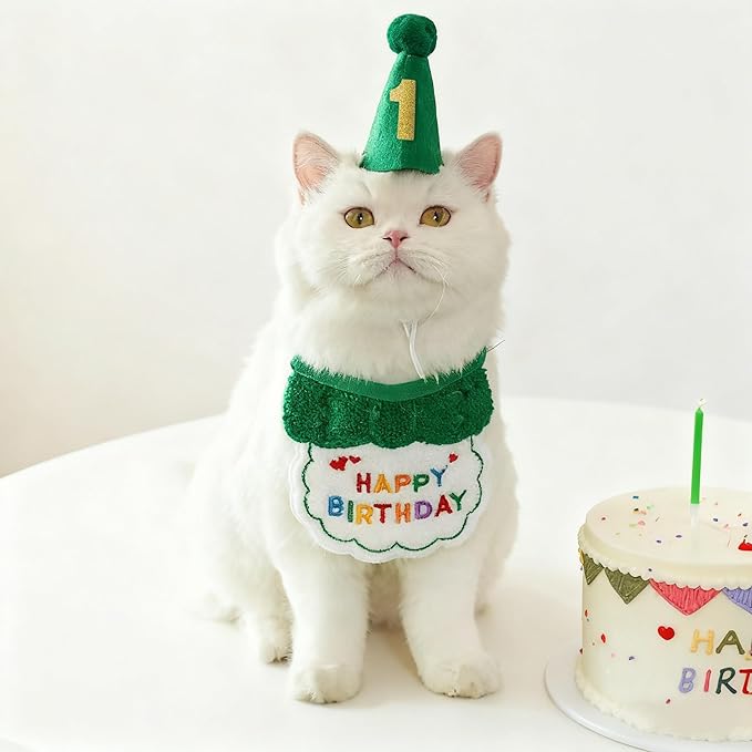 Reusable Cat Birthday Decorations Set - Adjustable Cat Birthday Hat & Bandana with Age Numbers | Kitty Celebration Kit for Memorable Milestones（Green）