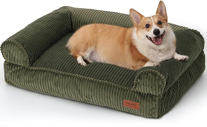 FUKUMARU Cute Dog Bed, Thickened Orthopedic Dogs Couch, 36in Egg Crate Foam Pet Sofa for Medium to Large Dogs, Waterproof Warm Corduroy Pet Bed with Washable Cover, Green