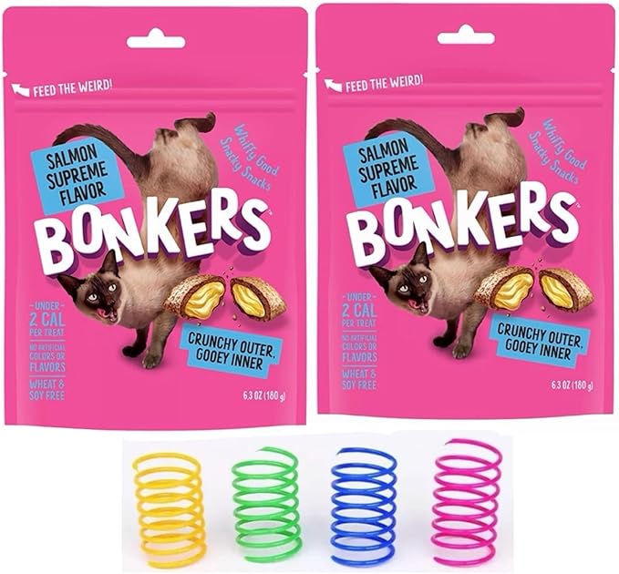 Bonkers Cat Treats, Crunchy & Soft Salmon Supreme Flavor Treats, Low Calorie, Training or Food Topper 3 oz -2 Pack Plus 4 Cat Spring Toys