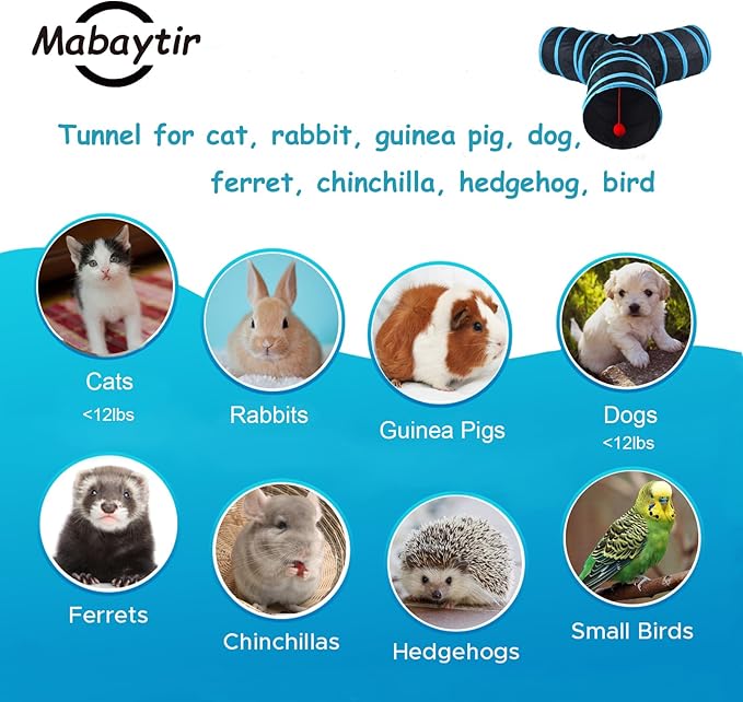 Cat Tunnel Tube Toy Collapsible 3 Way Black Blue, Pet Tunnels for Indoor Cats, Play Tubes with Hanging Ball Perfect Interactive Toys for Fun Playtime & Exercise for Kitten, Puppy, Rabbit