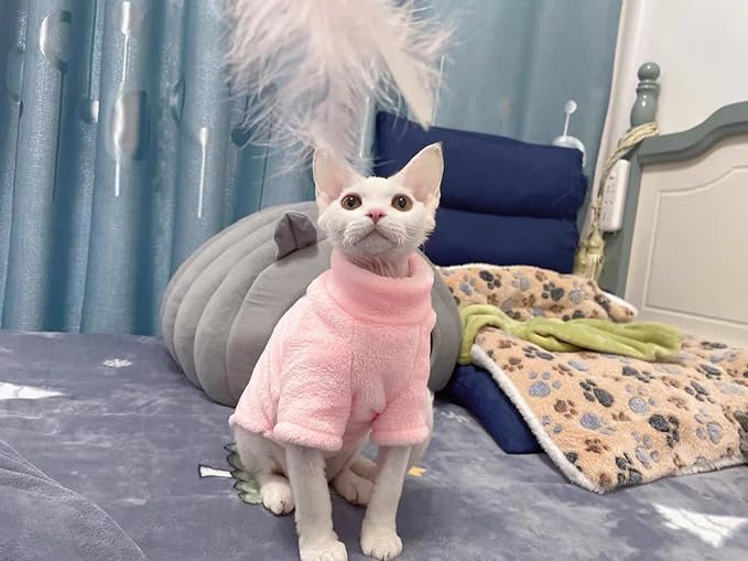 Sphynx Cat Clothes Winter Turtleneck Soft Coral Fleece Cat Clothes Thicken Warm Pajamas Coat for Hairless Cats and Small Cat Apparel with Sleeves (Light Pink, XL (9.3-12.7lbs)