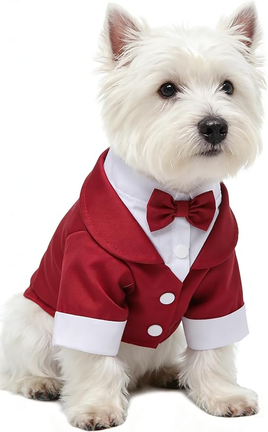 GabeFish Pets Wedding Jackets Suit for Dogs with Bow Tie Puppy Cat Formal Clothes Shirt Tuxedo (Red, M (Chest 15.3in/39cm))