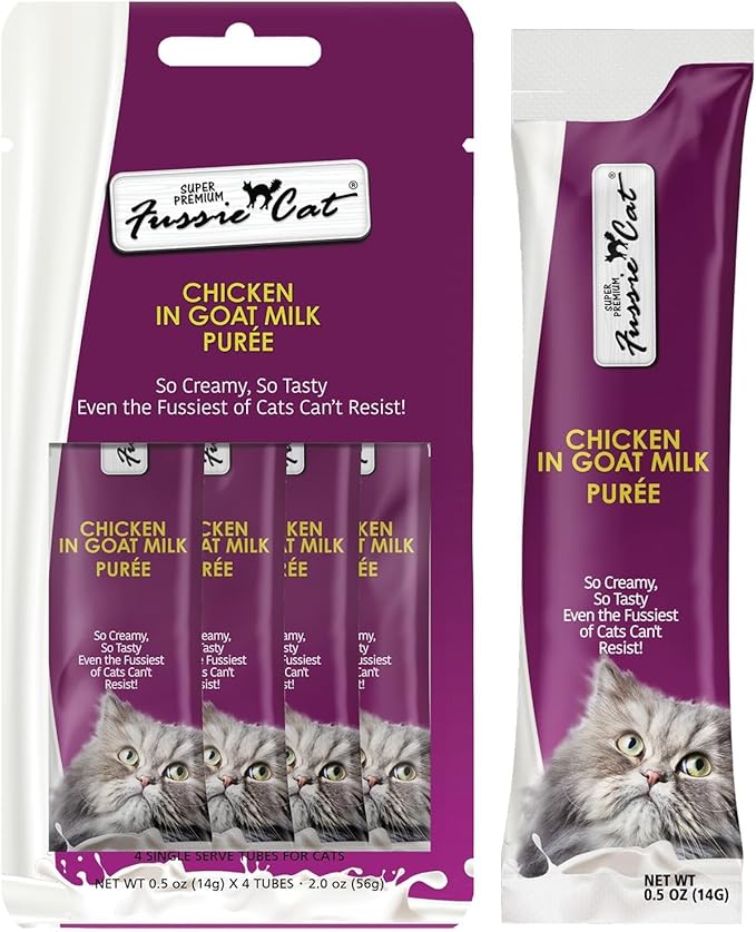 Fussie Cat Premium Puree Lickable Cat Treats in Goat Milk, Chicken Variety Pack, 3 Packs of 4-0.5oz Tubes (12 Total Tubes) + Lid