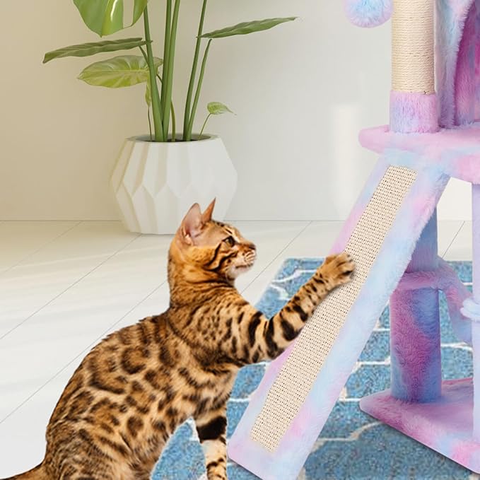 Rainbow Cute Cat Tree for Indoor Cat Tower with Scratching Post Modern Activity House Hammock Hanging Ball Condo with Board