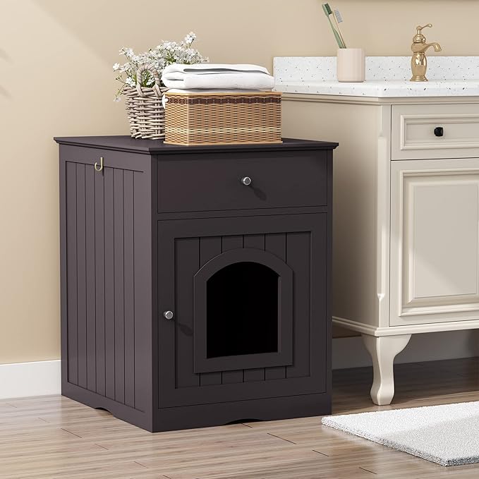 Wooden Cat Litter Box Cabinet with Drawer Hidden Pet House, Sofa Side Table, Indoor Pet Cage Storage Cabinet, Cat Hidden Cave Furniture for Living Room, Bedroom (Brown, 25 inches)