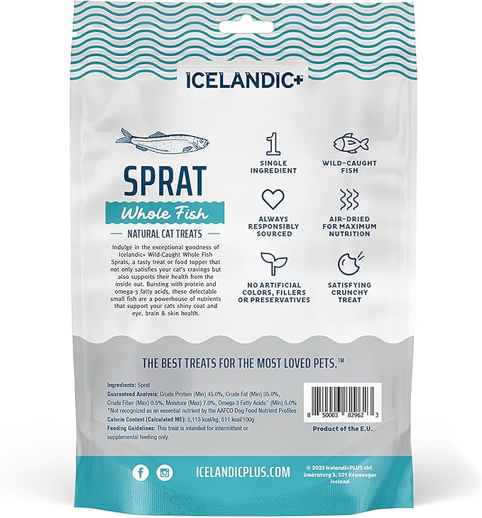 Icelandic+ Whole Fish: Sprat - 0.85oz Bag - Cat Treats, Wild- Caught, 2.5-3" Crunchy Air-Dried Pet Snacks, Single Ingredient, Just Fish-Nothing Else