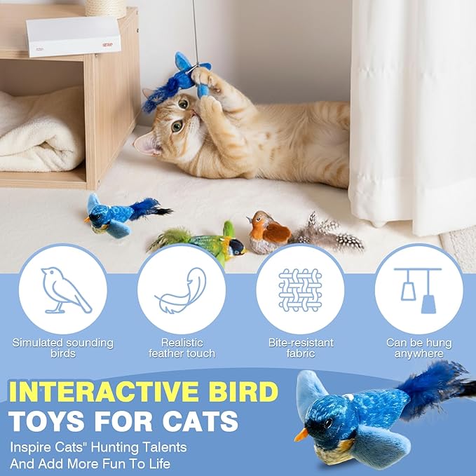 2-Pack Realistic Chirping Bird cat Toy - Soft Interactive Plush Bird Toy Infused with Catnip，Cat Enrichment Toys for Indoor Cats(Physical Sound, RedGreen)