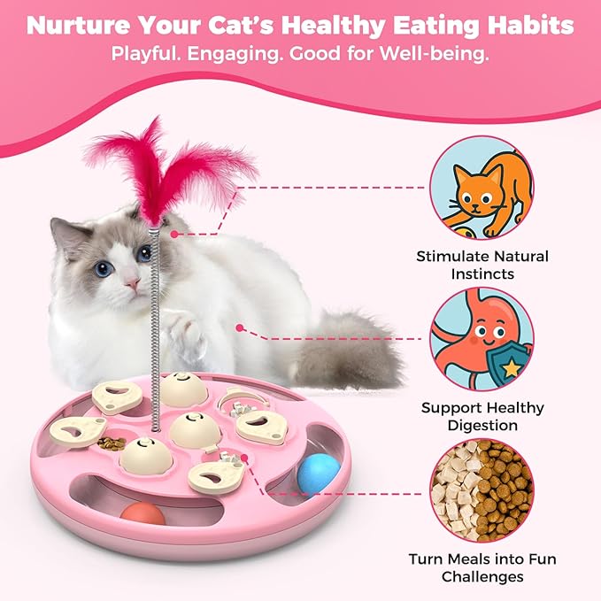 3 in 1 Cat Treat Puzzle Feeder, Level 3 Interactive Cat Puzzle Toy with Track Balls, Feather Teaser & Slow Feeder Insert, Non-Slip Base, Mental Stimulation for Bored Indoor Cats, Pink