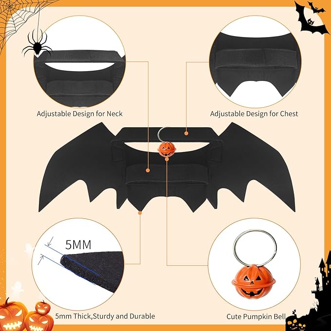 OLANRUN Cat Halloween Costume, Small Dog Halloween Costumes - Bat Wing with Pumpkin Bell for Pet Halloween Cosplay Party Dress Up Accessories (Large)