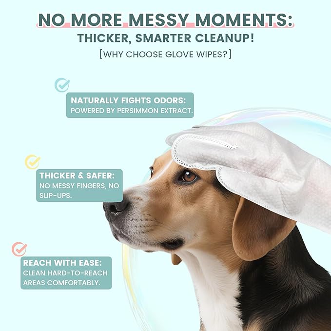 IMMHABI 100 Pcs Pet Glove Wipes, Cleaning & Deodorizing for Dogs & Cats, Hypoallergenic Dog Bath Wipes with Natural Persimmon Tannin, Unscented Wipes for Ears, Fur, Paws