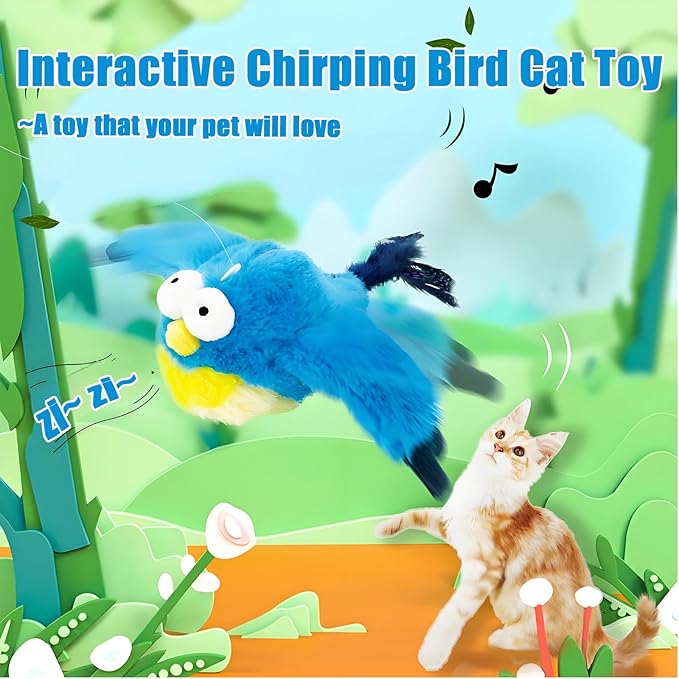 Dumwick 2026 Upgrade Interactive Chirping Bird Cat Toy,Flapping Wingss with Realistic Sounds,Simulated Chirping Bird Cat Toy for Indoor Play and Exercise (Bluebird 1pcs)