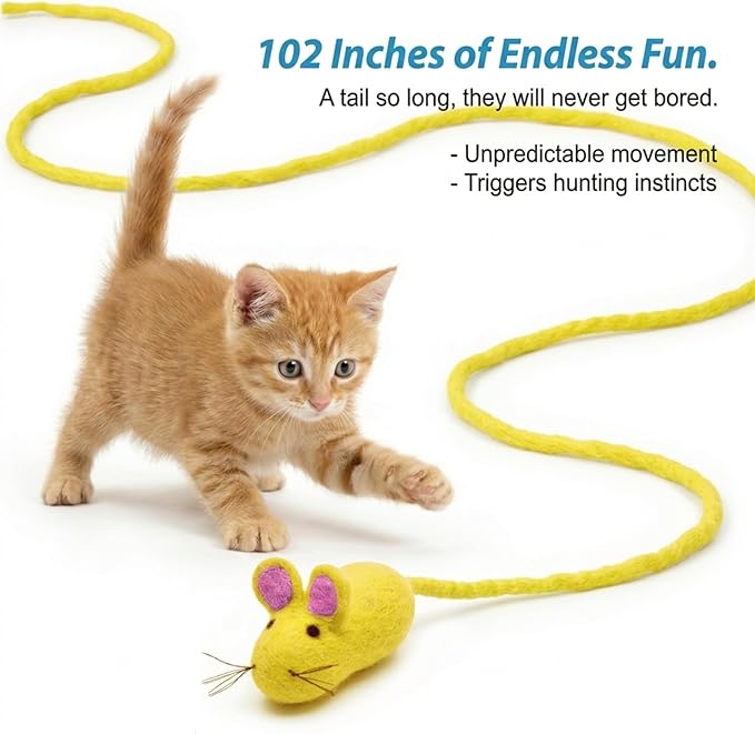 Glaciart One Felt Mouse Cat Toy – Soft Fuzzy Enrichment 100% Natural Wool - Interactive Catnip Play Cat Toy Set - Safe for Pets, Non-AZO Colored Dyes - 100” Long