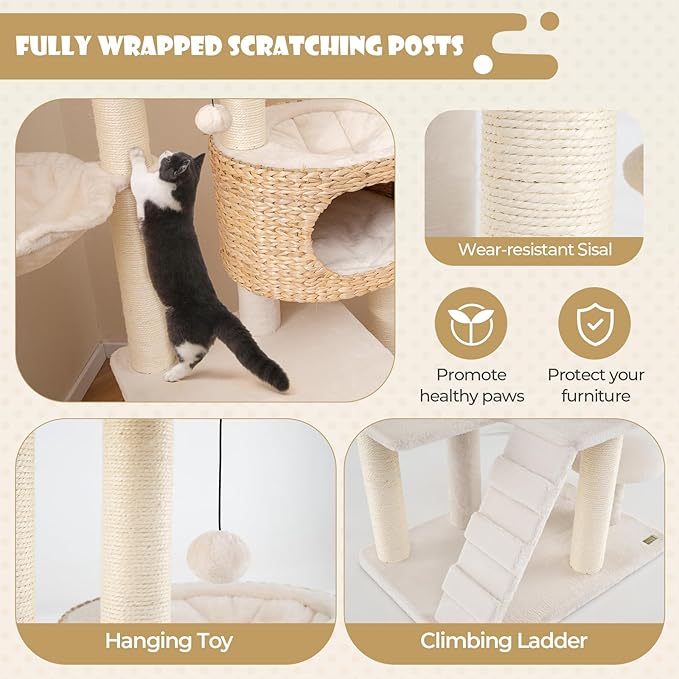 Tangkula Modern Cat Tree, 50 Inch Multi-Level Cat Tower with Cattail Fluff Condo & Top Perch, Hanging Basket, Platforms, Ladder, Dangling Ball, Sisal Scratching Posts for Indoor Cats