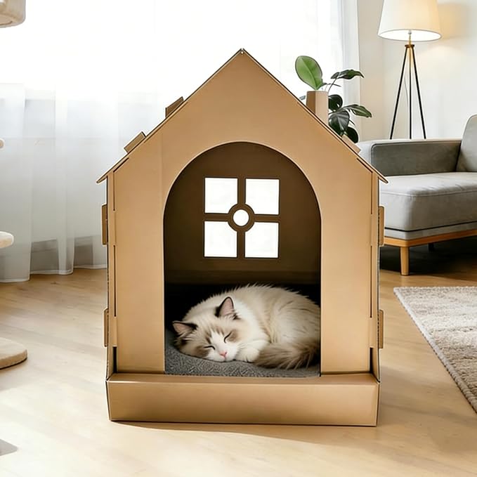 17.3 Inch Multiple Windows Detachable Cardboard House, House with Scratching Board, Indoor Playhouse, Scratching Mat with Catnip