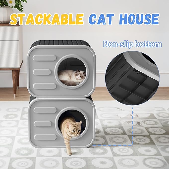 Insulated Outdoor Cat House,Plastic Feral Cat Houses for Outdoor Indoor Cats with Camera Appearance & Large Door,Stackable Cat Houses & Condos,Spacious Cat Bed Cave, Ventilated & Easy to Clean,Black