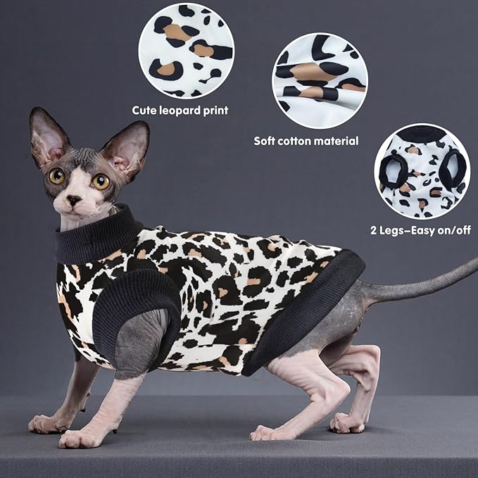 Idepet Cat Clothes Kitten Sweater Soft Kitten Shirt Cute Leopard Print Kitty Vest Pullover Pajamas Jumpsuit Cotton Apparel for Hairless Cats &Puppy (White,S)