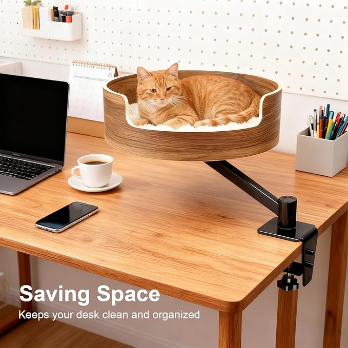 Desk Cat Bed, Elevated Cat Bed for Desk, Space-Saving Cat Hammock for Home Office, Stable & Comfortable Perch for Indoor Cats，Walnut Wood Finish