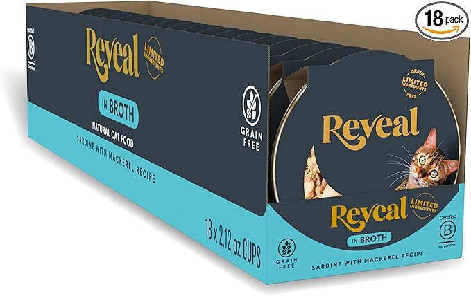 Reveal Natural Wet Cat Food, 18 Count, Grain Free, Limited Ingredient Cat Food Cups, Sardine with Mackerel in Broth, 2.12 oz Easy Peel Cups