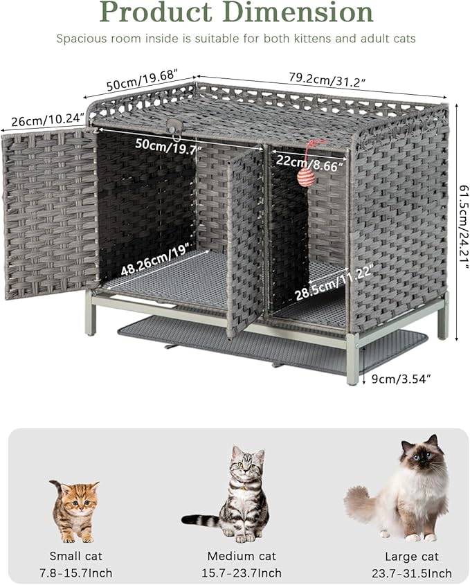SETVSON Cat Litter Box Enclosure Furniture with Divider, Handwoven Rattan Litter Box with Mat, 31.2 x 19.6 x 24.2 Inches, Metal Heightened Feet, Hidden Cat House for Living Room, Bedroom (Gray)