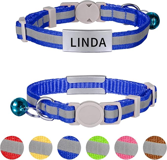LaReine Reflective Cat Collars Breakaway with Bell and ID Tag - with Personalization Options (7"-10" Neck, Reflective-Blue)