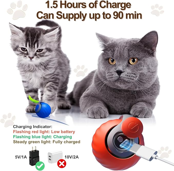 Interactive Cat Ball for Indoor Cats - Dual-Speed Automatic Rolling Ball Toy with 90Min Run Time, Plush + Feather Tails, Energetic Cat Chase Exercise, Blue/Orange, 1PC