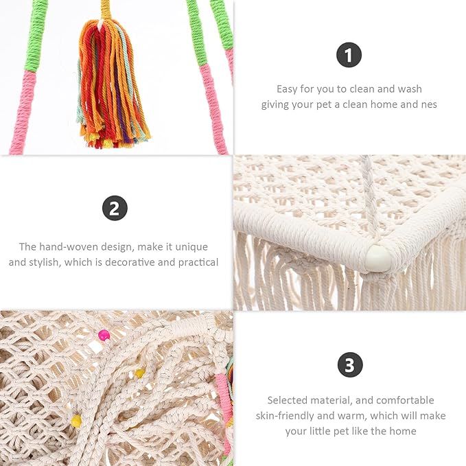 DOITOOL Macrame Hanging Cat Hammock Bed Tassel Cotton Rope Swing Wear-Resistant Indoor Cat Nest Suitable for Kittens and Household Pet Hammock Furniture