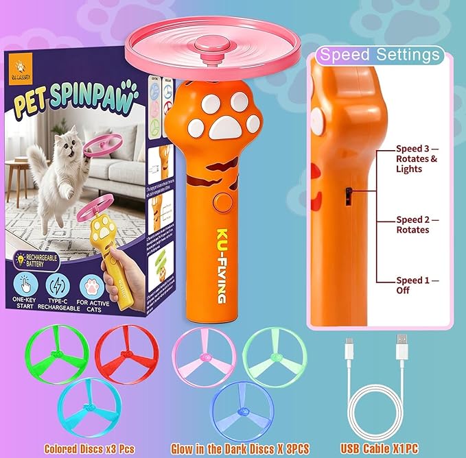Cat Fetch Toy | One-Touch Automatic Launcher | Up to 20m Range | 6 Flying Discs | USB-C Rechargeable | No Winding Needed | Interactive Indoor Outdoor Cat Toy