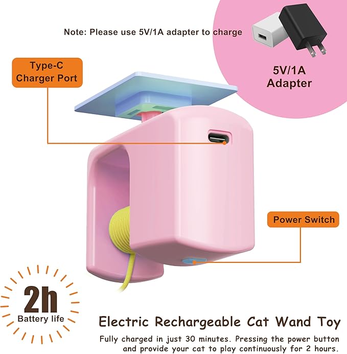 Automatic Electric Hanging Cat Toy for Indoor Cats, Motion Sensor Doorway Cat Teaser with Retractable Rope, 3 Replacement Feathers, USB Rechargeable, Pink