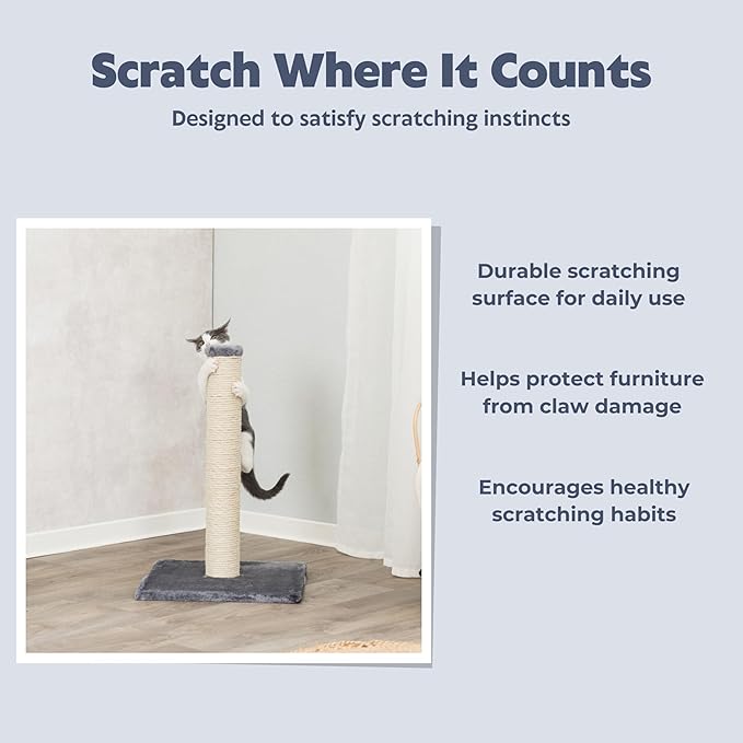 TRIXIE Parla Cat Scratching Post 24.4 Inch - Cat Scratcher with Soft Fabric Covering Base and Durable Natural Jute Rope - Gray