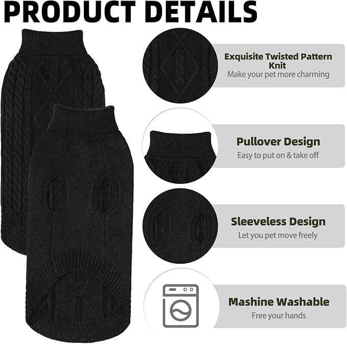 PUPTECK Winter Cat Sweater Coat - Soft Warm Cold Weather Clothes Knitwear for Kittens & Small Dogs Indoor Outdoor Wearing, Knitted Classic for Doggies Kitties Girls Boys, Black, L