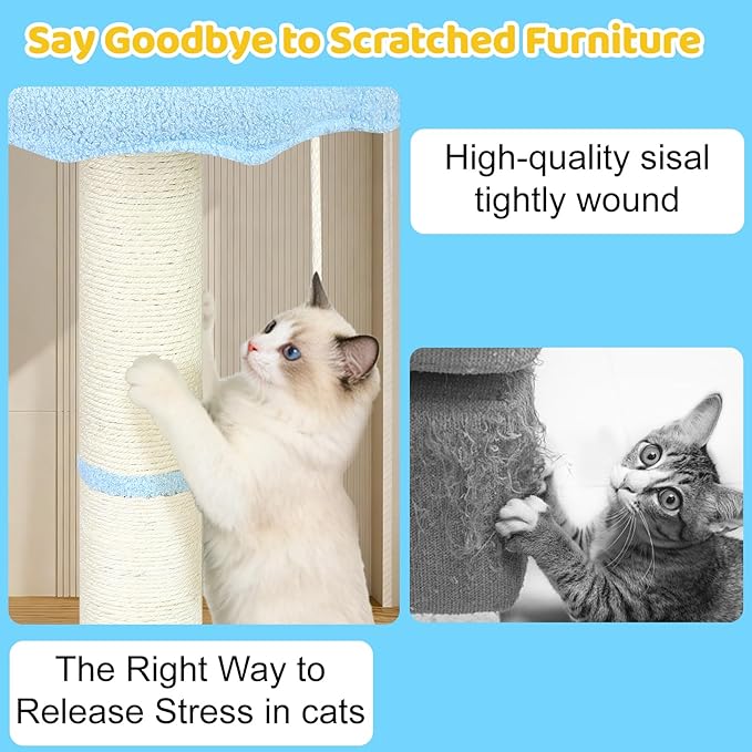 Tall Cat Scratching Post for Indoor Cats Adults, Cat Scratch Post with Sisal Rope Claw Scratcher, Solid Wood Cat Tower with Scratching Post and Cat Toys Mouse Hole, Cute Small Cat Tree, (Blue Sky)