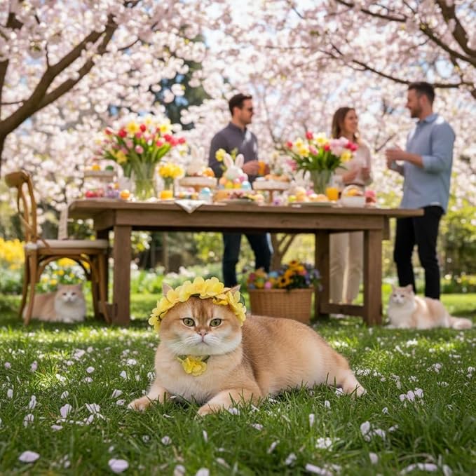 Yellow Floral Pet Crown for Cats and Rabbit, Adjustable Flower Headpiece with Ribbon Tie, Silk Flowers, 3D Surround Design