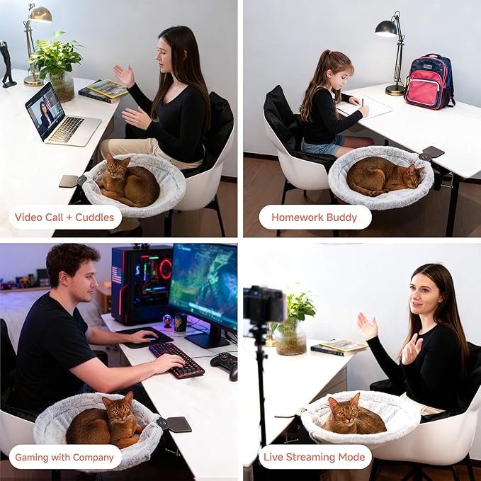 Round Cat Desk Bed, Space-Saving Elevated Pet Hammock for 40lbs Cats & Kittens, All-Season Office Workspace Cat Bed, Sturdy Desk-Mounted Seat with Washable Breathable Fabric, 360 View