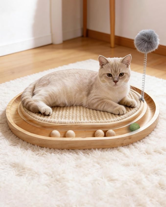 Natural Sisal Cat Scratcher Pad with Wooden Cat Ball Track Toy Interactive Cat Toys for Bored Indoor Adult Cats Kitten Toys for Chasing Hunting & Physical Exercise Puzzle Cat Scratching Pads