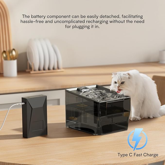 Cat Stainless Steel Water Fountain for Cats Inside,Wireless Pet Water Fountain,2.2L/74oz Automatic Cat Fountains for Drinking with Wireless,Easy Cleaning Black