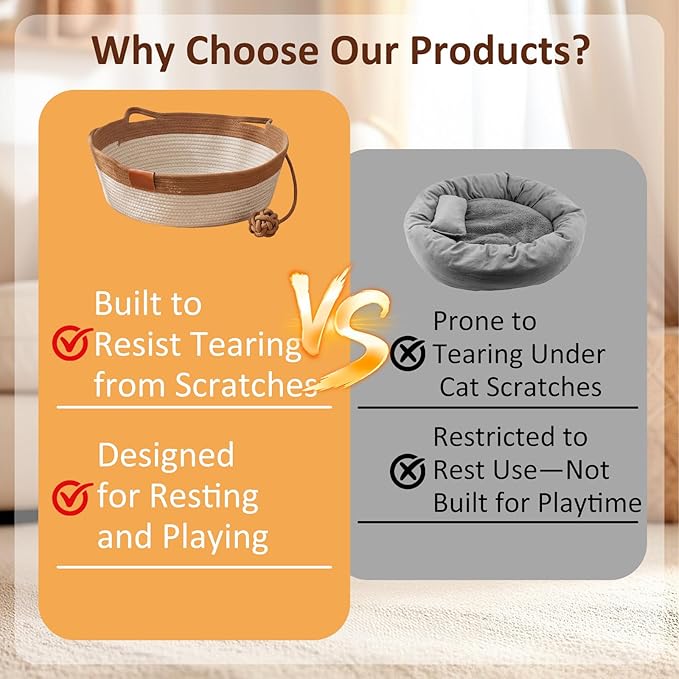Instinct Basket for Cats - Handwoven Cotton Rope Enrichment Bed with Attached Toy Tail, Scratchable Interactive Pet Nest Features Flexible Walls to Fight Boredom & Protect Furniture (Brown, L)